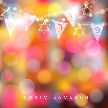 Festive colorful greeting card, invitation with string of lights, Jewish stars and party flags with Jewish letters meaning Purim., modern blurred vector illustration background.