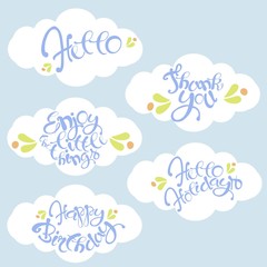 Sett of lettering Hello, Happy holiday, Happy birthday, Thank you, Enjoy the little things, blue stock vector illustration
