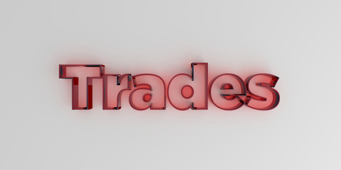 Trades - Red glass text on white background - 3D rendered royalty free stock image.