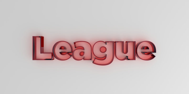 League - Red glass text on white background - 3D rendered royalty free stock image.