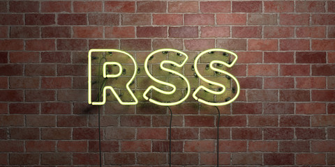 RSS - fluorescent Neon tube Sign on brickwork - Front view - 3D rendered royalty free stock picture. Can be used for online banner ads and direct mailers..