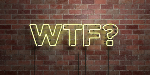 WTF? - fluorescent Neon tube Sign on brickwork - Front view - 3D rendered royalty free stock picture. Can be used for online banner ads and direct mailers..