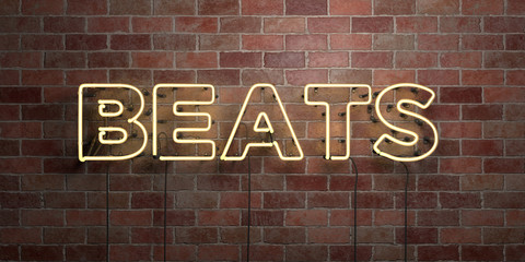 BEATS - fluorescent Neon tube Sign on brickwork - Front view - 3D rendered royalty free stock picture. Can be used for online banner ads and direct mailers..