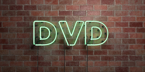 DVD - fluorescent Neon tube Sign on brickwork - Front view - 3D rendered royalty free stock picture. Can be used for online banner ads and direct mailers..