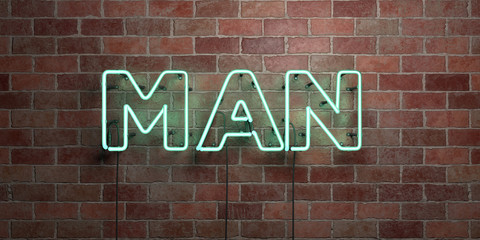 MAN - fluorescent Neon tube Sign on brickwork - Front view - 3D rendered royalty free stock picture. Can be used for online banner ads and direct mailers..