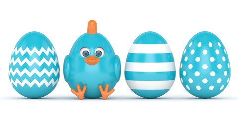 3d render of Easter chick with painted eggs