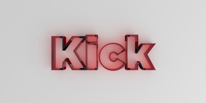 Kick - Red glass text on white background - 3D rendered royalty free stock image.