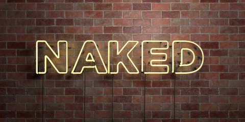 NAKED - fluorescent Neon tube Sign on brickwork - Front view - 3D rendered royalty free stock picture. Can be used for online banner ads and direct mailers..