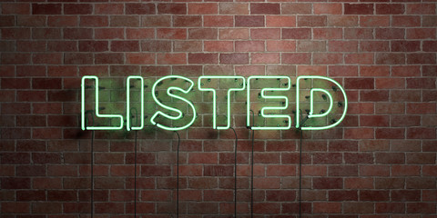 LISTED - fluorescent Neon tube Sign on brickwork - Front view - 3D rendered royalty free stock picture. Can be used for online banner ads and direct mailers..