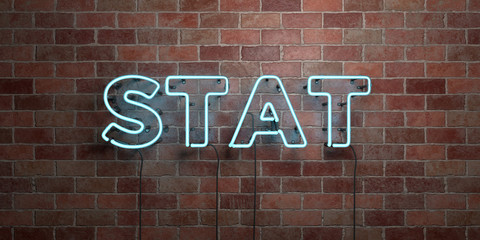 STAT - fluorescent Neon tube Sign on brickwork - Front view - 3D rendered royalty free stock picture. Can be used for online banner ads and direct mailers..