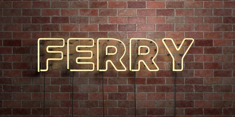 FERRY - fluorescent Neon tube Sign on brickwork - Front view - 3D rendered royalty free stock picture. Can be used for online banner ads and direct mailers..