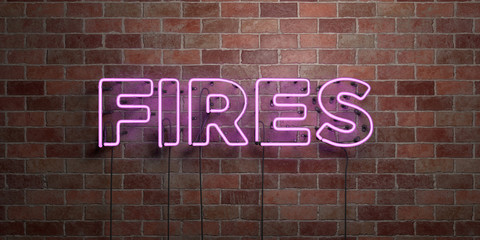 FIRES - fluorescent Neon tube Sign on brickwork - Front view - 3D rendered royalty free stock picture. Can be used for online banner ads and direct mailers..