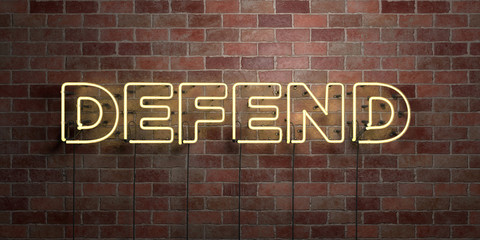 Fototapeta na wymiar DEFEND - fluorescent Neon tube Sign on brickwork - Front view - 3D rendered royalty free stock picture. Can be used for online banner ads and direct mailers..