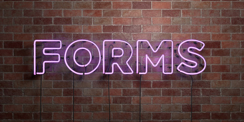 FORMS - fluorescent Neon tube Sign on brickwork - Front view - 3D rendered royalty free stock picture. Can be used for online banner ads and direct mailers..