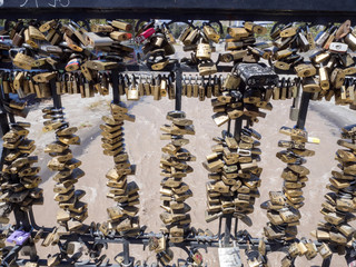 hundreds of locks hanging on the bridge of lovers, Santiago de Chile,  