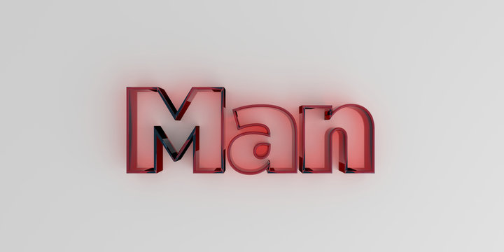 Man - Red glass text on white background - 3D rendered royalty free stock image.