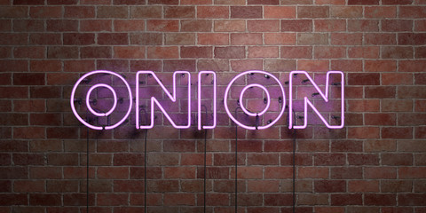 ONION - fluorescent Neon tube Sign on brickwork - Front view - 3D rendered royalty free stock picture. Can be used for online banner ads and direct mailers..