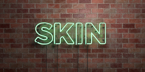 Obraz premium SKIN - fluorescent Neon tube Sign on brickwork - Front view - 3D rendered royalty free stock picture. Can be used for online banner ads and direct mailers..