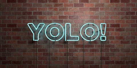 Fototapeta premium YOLO! - fluorescent Neon tube Sign on brickwork - Front view - 3D rendered royalty free stock picture. Can be used for online banner ads and direct mailers..