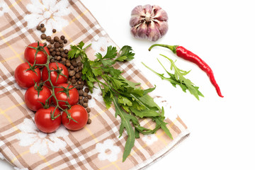 fresh vegetable, arugula, parsley, allspice, chilly, cherry tomato and garlic