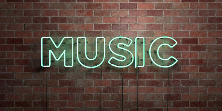 MUSIC - Fluorescent Neon Tube Sign On Brickwork - Front View - 3D Rendered Royalty Free Stock Picture. Can Be Used For Online Banner Ads And Direct Mailers..