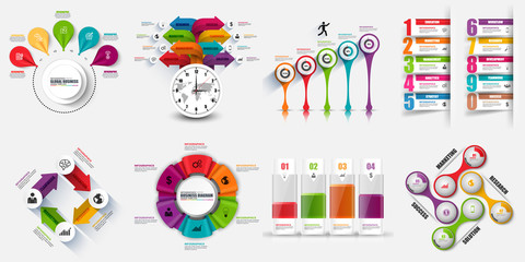 Infographic elements data visualization vector design template. Business concept with 4, 5, 8 and 10 options, steps or processes, workflow layout, diagram, timeline, marketing icons, info graphics.