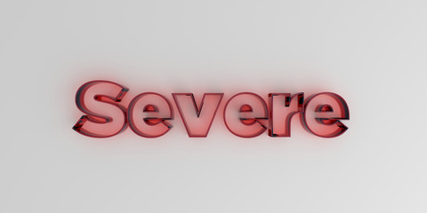 Severe - Red glass text on white background - 3D rendered royalty free stock image.