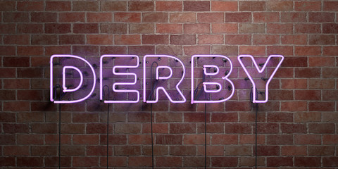 DERBY - fluorescent Neon tube Sign on brickwork - Front view - 3D rendered royalty free stock picture. Can be used for online banner ads and direct mailers..