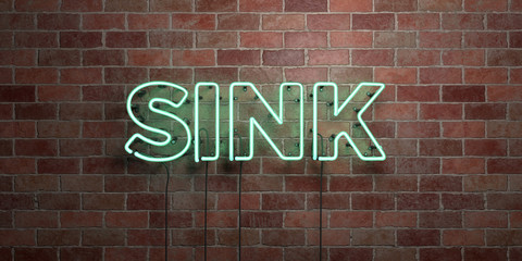 SINK - fluorescent Neon tube Sign on brickwork - Front view - 3D rendered royalty free stock picture. Can be used for online banner ads and direct mailers..