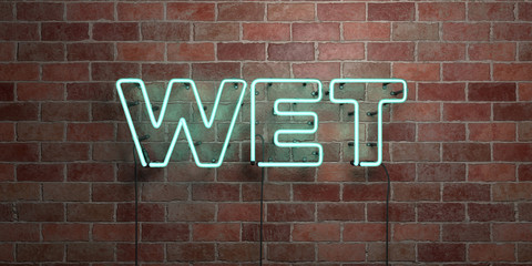 WET - fluorescent Neon tube Sign on brickwork - Front view - 3D rendered royalty free stock picture. Can be used for online banner ads and direct mailers..