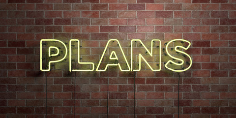 PLANS - fluorescent Neon tube Sign on brickwork - Front view - 3D rendered royalty free stock picture. Can be used for online banner ads and direct mailers..