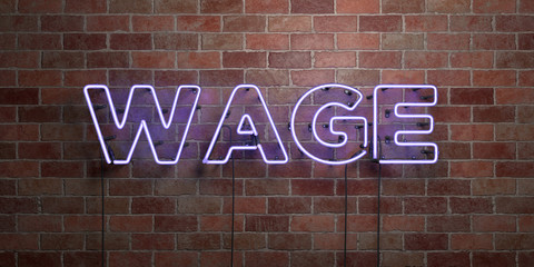 WAGE - fluorescent Neon tube Sign on brickwork - Front view - 3D rendered royalty free stock picture. Can be used for online banner ads and direct mailers..