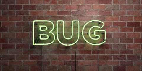Fototapeta premium BUG - fluorescent Neon tube Sign on brickwork - Front view - 3D rendered royalty free stock picture. Can be used for online banner ads and direct mailers..