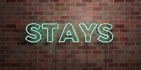 STAYS - fluorescent Neon tube Sign on brickwork - Front view - 3D rendered royalty free stock picture. Can be used for online banner ads and direct mailers..