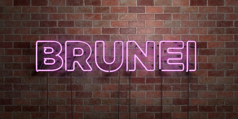 Obraz premium BRUNEI - fluorescent Neon tube Sign on brickwork - Front view - 3D rendered royalty free stock picture. Can be used for online banner ads and direct mailers..