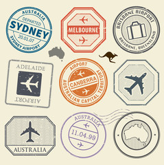 Travel stamps or adventure symbols set Australia airport theme