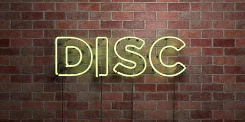DISC - fluorescent Neon tube Sign on brickwork - Front view - 3D rendered royalty free stock picture. Can be used for online banner ads and direct mailers..