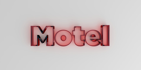 Motel - Red glass text on white background - 3D rendered royalty free stock image.