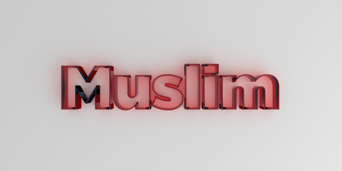 Muslim - Red glass text on white background - 3D rendered royalty free stock image.