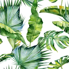  Naadloze aquarel illustratie van tropische bladeren, dichte jungle. Patroon met tropisch zomermotief kan worden gebruikt als achtergrondstructuur, inpakpapier, textiel, behangontwerp. © annaveroniq