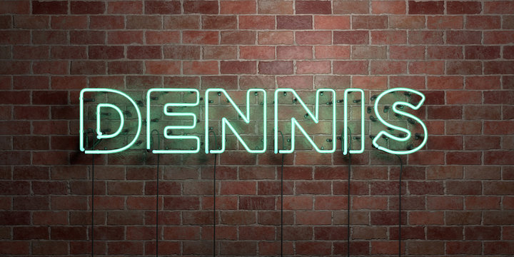 DENNIS - fluorescent Neon tube Sign on brickwork - Front view - 3D rendered royalty free stock picture. Can be used for online banner ads and direct mailers..