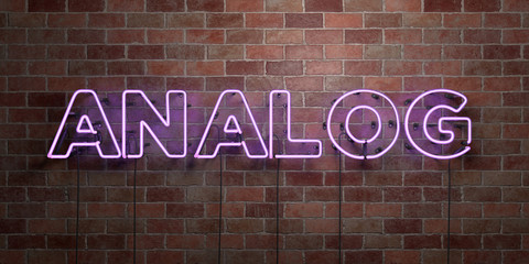 ANALOG - fluorescent Neon tube Sign on brickwork - Front view - 3D rendered royalty free stock picture. Can be used for online banner ads and direct mailers..