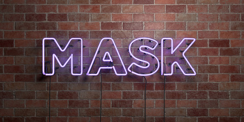 MASK - fluorescent Neon tube Sign on brickwork - Front view - 3D rendered royalty free stock picture. Can be used for online banner ads and direct mailers..