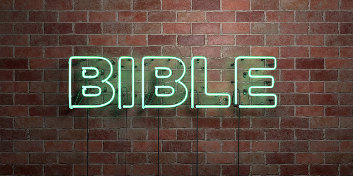 BIBLE - fluorescent Neon tube Sign on brickwork - Front view - 3D rendered royalty free stock picture. Can be used for online banner ads and direct mailers..