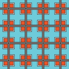 Seamless illustrated pattern made of abstract elements in turquoise, white, red and black