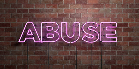 ABUSE - fluorescent Neon tube Sign on brickwork - Front view - 3D rendered royalty free stock picture. Can be used for online banner ads and direct mailers..
