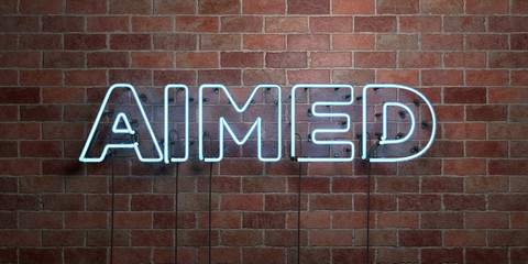 Fototapeta na wymiar AIMED - fluorescent Neon tube Sign on brickwork - Front view - 3D rendered royalty free stock picture. Can be used for online banner ads and direct mailers..