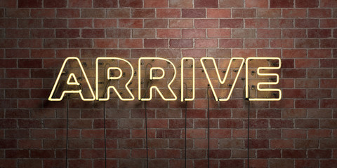 ARRIVE - fluorescent Neon tube Sign on brickwork - Front view - 3D rendered royalty free stock picture. Can be used for online banner ads and direct mailers..