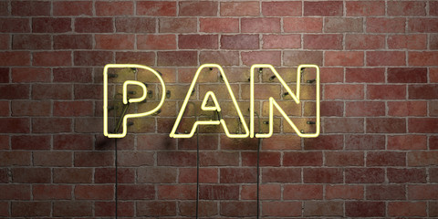 Fototapeta na wymiar PAN - fluorescent Neon tube Sign on brickwork - Front view - 3D rendered royalty free stock picture. Can be used for online banner ads and direct mailers..