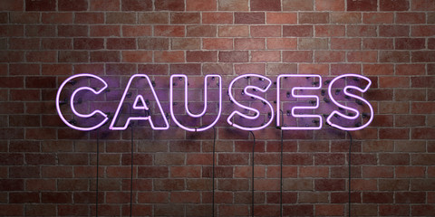 CAUSES - fluorescent Neon tube Sign on brickwork - Front view - 3D rendered royalty free stock picture. Can be used for online banner ads and direct mailers..